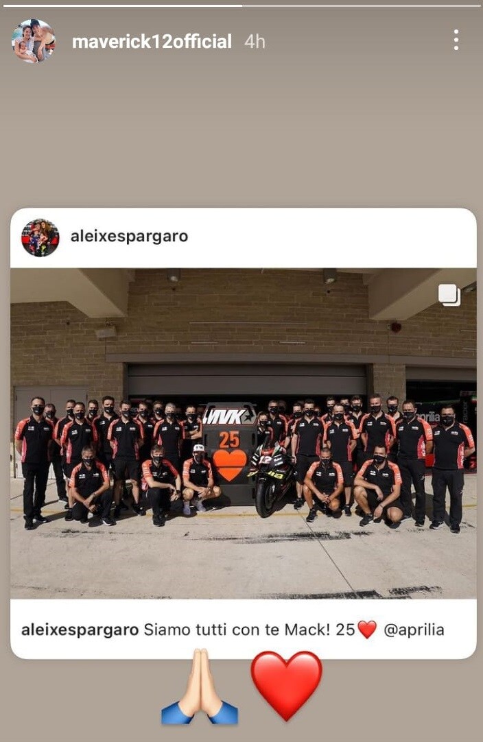 La story di Vinales su Instagram, in cui Maverick ringrazia l'Aprilia per la solidarietà