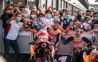 MISANO ADRIATICO, ITALY - OCTOBER 24: Double podium for Repsol Honda with Marc Marquez of Spain and Repsol Honda Team and Pol Espargaro of Spain and Repsol Honda Team during the race of the MotoGP Gran Premio Nolan del Made in Italy e dell'Emilia-Romagna at Misano World Circuit on October 24, 2021 in Misano Adriatico, Italy. (Photo by Steve Wobser/Getty Images)
