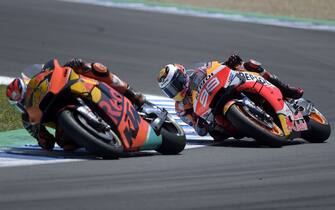 Repsol Honda Team's Spanish rider Jorge Lorenzo (R) rides behind Red Bull KTM Factory Racing's Spanish rider Pol Espargaro during the MotoGP race of the Spanish Grand Prix at the Jerez - Angel Nieto circuit in Jerez de la Frontera on May 5, 2019. (Photo by JORGE GUERRERO / AFP)        (Photo credit should read JORGE GUERRERO/AFP via Getty Images)