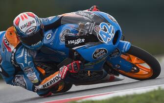 BRNO, CZECH REPUBLIC - AUGUST 16: Alex Rins of Spain and Estrella Galicia 0,0 rounds the bend during the qualifying practice during MotoGp of Czech Republic - Qualifying at Brno Circuit on August 16, 2014 in Brno, Czech Republic. (Photo by Mirco Lazzari gp/Getty Images)