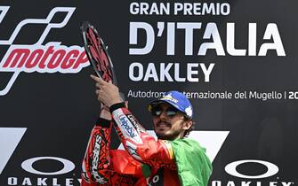 Italy's Francesco Bagnaia Ducati Lenovo Team celebrates after the MotoGp Motorcycling Grand Prix of Italy at the Mugello circuit in Scarperia, central Italy, 29 May 2022. ANSA/CLAUDIO GIOVANNINI