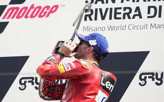 Francesco Bagnaia of Italy and Ducati Lenovo Team celebrate the victory of the race of the MotoGP Of San Marino at Marco Simoncelli Circuit on September 4 2022 in Misano Adriatico, Italy.
ANSA/DANILO DI GIOVANNI