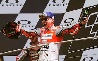 SCARPERIA, ITALY - JUNE 03:  Jorge Lorenzo of Spain and Ducati Team celebrates the victory on the podium at the end of the MotoGP race during the MotoGp of Italy - Race at Mugello Circuit on June 3, 2018 in Scarperia, Italy.  (Photo by Mirco Lazzari gp/Getty Images)