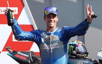 Tthird placed Suzuki Ecstar's Spanish rider Joan Mir on the podium after the San Marino MotoGP Grand Prix at the Misano World Circuit Marco Simoncelli on September 13, 2020. ANSA/PASQUALE BOVE
