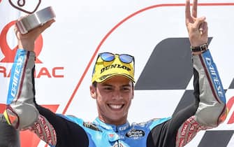 epa06889811 Second placed Spanish Joan Mir of EG 0,0 Marc VDS celebrates on the podium after the Moto2 race of the Motorcycling Grand Prix of Germany at the Sachsenring racing circuit in Hohenstein-Ernstthal, Germany, 15 July 2018.  EPA/FILIP SINGER