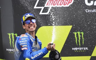 BARCELONA, SPAIN - SEPTEMBER 27: Joan Mir of Spain and Team Suzuki ECSTAR celebrates the second place on the podium at the end of the MotoGP race during the MotoGP of Catalunya: Race during the MotoGP of Catalunya at Circuit de Barcelona-Catalunya on September 27, 2020 in Barcelona, Spain. (Photo by Mirco Lazzari gp/Getty Images)