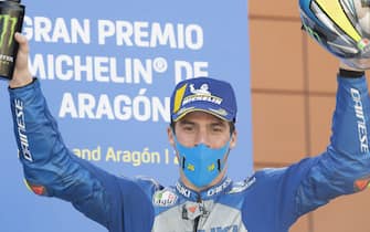 ALCANIZ, SPAIN - OCTOBER 18:  Joan Mir of Spain and Team Suzuki ECSTAR  celebrates the third place on the podium during the MotoGP race during the MotoGP of Aragon at Motorland Aragon Circuit on October 18, 2020 in Alcaniz, Spain. (Photo by Mirco Lazzari gp/Getty Images)