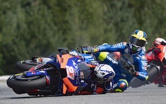 BRNO, CZECH REPUBLIC - AUGUST 09: Iker Lecuona #27 of Spain of Team KTM Tech 3 and Joan Mir of Spain of Team Suzuki ECSTAR crashed out during the MotoGP race during the MotoGP Of Czech Republic race at Brno Circuit on August 09, 2020 in Brno, Czech Republic. (Photo by Mirco Lazzari/Getty Images)