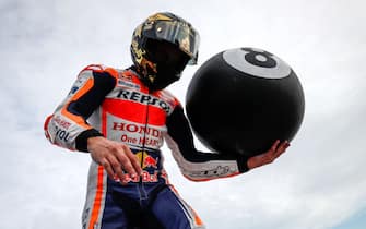 CHESTE, SPAIN - NOVEMBER 17: Marc Marquez, rider of Repsol Honda Team from Spain, celebrates the victory and the World Champion Title during the podio after the MotoGP Race during the Gran Premio Motul de la Comunitat Valenciana of MotoGP at Ricardo Tormo Circuit on November 17, 2019 in Cheste, Spain. (Photo by Oscar J. Barroso / AFP7 / Europa Press Sports via Getty Images)