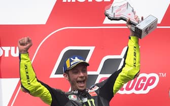 RIO HONDO, ARGENTINA - MARCH 31: Valentino Rossi of Italy and Yamaha Factory Racing  celebrates the second place on the podium at the end of the MotoGP race  during the MotoGp of Argentina - Race on March 31, 2019 in Rio Hondo, Argentina. (Photo by Mirco Lazzari gp/Getty Images)