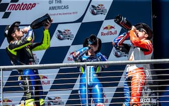 AUSTIN, TX - APRIL 14: Valentino Rossi of Italy, Alex Rins of Spain and Jack Miller of Australia celebrates on the podium during the Finals at MotoGP Red Bull U.S. Grand Prix of The Americas at Circuit of The Americas on April 14, 2019 in Austin, Texas. (Photo by Christian Pondella/Getty Images)