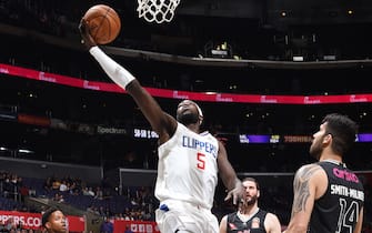 LOS ANGELES,  CA - OCTOBER 13: Montrezl Harrell #5 of the LA Clippers shoots the ball against Melbourne United during a pre-season game on October 13, 2018 at Staples Center in Los Angeles, California. NOTE TO USER: User expressly acknowledges and agrees that, by downloading and/or using this photograph, User is consenting to the terms and conditions of the Getty Images License Agreement. Mandatory Copyright Notice: Copyright 2018 NBAE (Photo by Adam Pantozzi/NBAE via Getty Images)