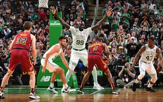 BOSTON, MA - OCTOBER 13: Tacko Fall #99 of the Boston Celtics plays defense against the Cleveland Cavaliers during a pre-season game on October 13, 2019 at the TD Garden in Boston, Massachusetts. NOTE TO USER: User expressly acknowledges and agrees that, by downloading and or using this photograph, User is consenting to the terms and conditions of the Getty Images License Agreement. Mandatory Copyright Notice: Copyright 2019 NBAE (Photo by Brian Babineau/NBAE via Getty Images) 