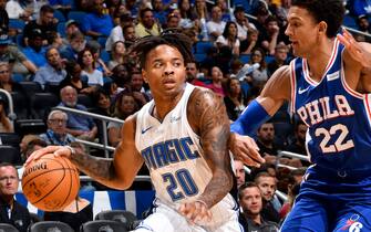 ORLANDO, FL - OCTOBER 13: Markelle Fultz #20 of the Orlando Magic drives to the basket during a pre-season game against the Philadelphia 76ers on October 13, 2019 at Amway Center in Orlando, Florida. NOTE TO USER: User expressly acknowledges and agrees that, by downloading and or using this photograph, User is consenting to the terms and conditions of the Getty Images License Agreement. Mandatory Copyright Notice: Copyright 2019 NBAE (Photo by Fernando Medina/NBAE via Getty Images)