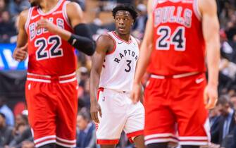 TORONTO, ONTARIO - OCTOBER 13: OG Anunoby #3 of the Toronto Raptors pauses during a break in the action against the Chicago Bulls during their NBA basketball pre-season game at Scotiabank Arena on October 13, 2019 in Toronto, Canada. NOTE TO USER: User expressly acknowledges and agrees that, by downloading and or using this photograph, User is consenting to the terms and conditions of the Getty Images License Agreement. (Photo by Mark Blinch/Getty Images)