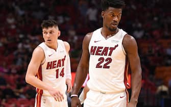 MIAMI, FLORIDA - OCTOBER 08: Jimmy Butler #22 of the Miami Heat in action against the San Antonio Spurs during the first half of the preseason game at American Airlines Arena on October 08, 2019 in Miami, Florida. NOTE TO USER: User expressly acknowledges and agrees that, by downloading and or using this photograph, User is consenting to the terms and conditions of the Getty Images License Agreement. (Photo by Mark Brown/Getty Images)