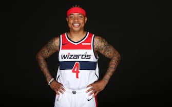 WASHINGTON, DC - SEPTEMEBER 30: Isaiah Thomas #4 of the Washington Wizards poses for a portrait during the 2019 NBA Rookie Photo Shoot at the Washington Wizards Practice Facility on September 30, 2019 in Washington, D.C. NOTE TO USER: User expressly acknowledges and agrees that, by downloading and or using this photograph, User is consenting to the terms and conditions of the Getty Images License Agreement. Mandatory Copyright Notice: Copyright 2019 NBAE (Photo by Ned Dishman/NBAE via Getty Images)