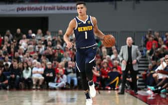 1179928351 PORTLAND, OREGON - OCTOBER 08: Michael Porter Jr. #1 of the Denver Nuggets brings the ball up court in the fourth quarter against the Portland Trail Blazers during a preseason game at Veterans Memorial Coliseum on October 08, 2019 in Portland, Oregon. NOTE TO USER: User expressly acknowledges and agrees that, by downloading and or using this photograph, User is consenting to the terms and conditions of the Getty Images License Agreement (Photo by Abbie Parr/Getty Images)