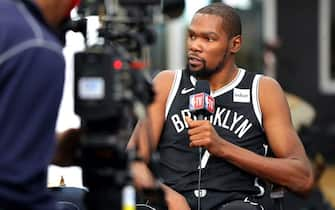 NEW YORK, NEW YORK - SEPTEMBER 27: Kevin Durant #7 of the Brooklyn Nets speaks to media during Brooklyn Nets Media Day at HSS Training Center on September 27, 2019 in the Brooklyn Borough of New York City. NOTE TO USER: User expressly acknowledges and agrees that, by downloading and or using this photograph, User is consenting to the terms and conditions of the Getty Images License Agreement. (Photo by Mike Lawrie/Getty Images)