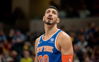 1083881788 INDIANAPOLIS, IN - DECEMBER 16: Enes Kanter #00 of the New York Knicks looks to the crowd during a game against the Indiana Pacers at Bankers Life Fieldhouse on December 16, 2018 in Indianapolis, Indiana. (Photo by Brian Munoz/Getty Images)