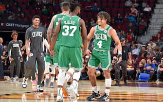CLEVELAND, OH - OCTOBER 15: Carsen Edwards #4 of the Boston Celtics reacts to a play against the Cleveland Cavaliers during a pre-season game on October 15, 2019 at Quicken Loans Arena in Cleveland, Ohio. NOTE TO USER: User expressly acknowledges and agrees that, by downloading and/or using this Photograph, user is consenting to the terms and conditions of the Getty Images License Agreement. Mandatory Copyright Notice: Copyright 2019 NBAE (Photo by David Liam Kyle/NBAE via Getty Images)