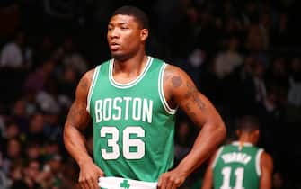 BROOKLYN, NY - OCTOBER 19: Marcus Smart #36 of the Boston Celtics walks on court during the game against the Brooklyn Nets on October 19, 2014 at Barclays Center in Brooklyn, New York. NOTE TO USER: User expressly acknowledges and agrees that, by downloading and or using this Photograph, user is consenting to the terms and conditions of the Getty Images License Agreement. Mandatory Copyright Notice: Copyright 2014 NBAE (Photo by Nat Butler/NBAE via Getty Images)