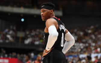 SAITAMA, JAPAN - OCTOBER 10: Russell Westbrook #0 of the Houston Rockets looks on against the Toronto Raptors during the 2019 NBA Japan Game on October 10, 2019 at Saitama Super Arena in Saitama, Japan. NOTE TO USER: User expressly acknowledges and agrees that, by downloading and/or using this Photograph, user is consenting to the terms and conditions of the Getty Images License Agreement. Mandatory Copyright Notice: Copyright 2019 NBAE (Photo by Garrett Ellwood/NBAE via Getty Images)