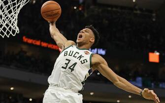 1147895701 MILWAUKEE, WISCONSIN - MAY 08: Giannis Antetokounmpo #34 of the Milwaukee Bucks goes up for a dunk against the Boston Celtics at Fiserv Forum on May 08, 2019 in Milwaukee, Wisconsin. The Bucks defeated the Celtics 116-91. NOTE TO USER: User expressly acknowledges and agrees that, by downloading and or using this photograph, User is consenting to the terms and conditions of the Getty Images License Agreement. (Photo by Jonathan Daniel/Getty Images)