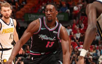 MIAMI, FL - FEBRUARY 2:  Bam Adebayo #13 of the Miami Heat drives to the basket against the Indiana Pacers on February 2, 2019 at American Airlines Arena in Miami, Florida. NOTE TO USER: User expressly acknowledges and agrees that, by downloading and or using this Photograph, user is consenting to the terms and conditions of the Getty Images License Agreement. Mandatory Copyright Notice: Copyright 2019 NBAE (Photo by Issac Baldizon/NBAE via Getty Images)