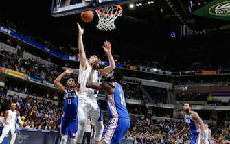 INDIANAPOLIS, IN - JANUARY 13: Domantas Sabonis #11 of the Indiana Pacers shoots the ball against the Philadelphia 76ers on January 13, 2020 at Bankers Life Fieldhouse in Indianapolis, Indiana. NOTE TO USER: User expressly acknowledges and agrees that, by downloading and or using this Photograph, user is consenting to the terms and conditions of the Getty Images License Agreement. Mandatory Copyright Notice: Copyright 2020 NBAE (Photo by Ron Hoskins/NBAE via Getty Images)
