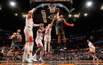 ORLANDO, FL - DECEMBER 23: Aaron Gordon #00 of the Orlando Magic shoots the ball against the Chicago Bullson December 23, 2019 at Amway Center in Orlando, Florida. NOTE TO USER: User expressly acknowledges and agrees that, by downloading and or using this photograph, User is consenting to the terms and conditions of the Getty Images License Agreement. Mandatory Copyright Notice: Copyright 2019 NBAE (Photo by Fernando Medina/NBAE via Getty Images)