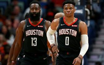 1187225144 NEW ORLEANS, LOUISIANA - NOVEMBER 11: James Harden #13 of the Houston Rockets and Russell Westbrook #0 of the Houston Rockets stand on the court during a NBA game against the New Orleans Pelicans at the Smoothie King Center on November 11, 2019 in New Orleans, Louisiana. NOTE TO USER: User expressly acknowledges and agrees that, by downloading and or using this photograph, User is consenting to the terms and conditions of the Getty Images License Agreement. (Photo by Sean Gardner/Getty Images)