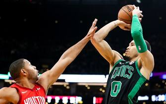 BOSTON, MA - MARCH 03:  Jayson Tatum #0 of the Boston Celtics shoots the ball during a game against the Houston Rockets at TD Garden on March 3, 2019 in Boston, Massachusetts. NOTE TO USER: User expressly acknowledges and agrees that, by downloading and or using this photograph, User is consenting to the terms and conditions of the Getty Images License Agreement. (Photo by Adam Glanzman/Getty Images)