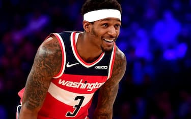 NEW YORK, NEW YORK - OCTOBER 11: Bradley Beal #3 of the Washington Wizards smiles during the second quarter of their game against the New York Knicks at Madison Square Garden on October 11, 2019 in New York City. (NOTE TO USER: User expressly acknowledges and agrees that, by downloading and or using this photograph, User is consenting to the terms and conditions of the Getty Images License Agreement. (Photo by Emilee Chinn/Getty Images)