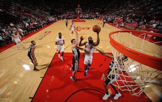 HOUSTON, TX - OCTOBER 16: James Harden #13 of the Houston Rockets shoots the ball against the San Antonio Spurs during a pre-season game on October 16, 2019 at the Toyota Center in Houston, Texas. NOTE TO USER: User expressly acknowledges and agrees that, by downloading and or using this photograph, User is consenting to the terms and conditions of the Getty Images License Agreement. Mandatory Copyright Notice: Copyright 2019 NBAE (Photo by Bill Baptist/NBAE via Getty Images)