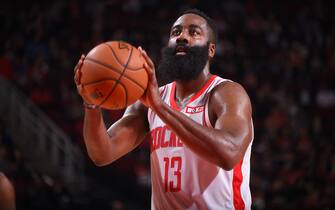 HOUSTON, TX - OCTOBER 16: James Harden #13 of the Houston Rockets shoots the ball against the San Antonio Spurs during a pre-season game on October 16, 2019 at the Toyota Center in Houston, Texas. NOTE TO USER: User expressly acknowledges and agrees that, by downloading and or using this photograph, User is consenting to the terms and conditions of the Getty Images License Agreement. Mandatory Copyright Notice: Copyright 2019 NBAE (Photo by Bill Baptist/NBAE via Getty Images)