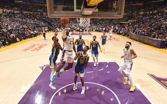 LOS ANGELES, CA - OCTOBER 16: LeBron James #23 of the Los Angeles Lakers shoots the ball against the Golden State Warriors during a pre-season game on October 16, 2019 at STAPLES Center in Los Angeles, California. NOTE TO USER: User expressly acknowledges and agrees that, by downloading and/or using this Photograph, user is consenting to the terms and conditions of the Getty Images License Agreement. Mandatory Copyright Notice: Copyright 2019 NBAE (Photo by Andrew D. Bernstein/NBAE via Getty Images) 