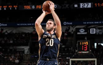 1175601995 SAN ANTONIO, TX - OCTOBER 13: Nicolo Melli #20 of the New Orleans Pelicans shoots the ball against the San Antonio Spurs during a pre-season game on October 13, 2019 at the AT&T Center in San Antonio, Texas. NOTE TO USER: User expressly acknowledges and agrees that, by downloading and or using this photograph, user is consenting to the terms and conditions of the Getty Images License Agreement. Mandatory Copyright Notice: Copyright 2019 NBAE (Photos by Joe Murphy/NBAE via Getty Images)