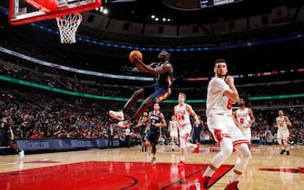 CHICAGO, IL - October 8: Zion Williamson #1 of the New Orleans Pelicans shoots the ball against the Chicago Bulls during a pre-season game on October 8, 2019 at United Center in Chicago, Illinois. NOTE TO USER: User expressly acknowledges and agrees that, by downloading and or using this photograph, User is consenting to the terms and conditions of the Getty Images License Agreement. Mandatory Copyright Notice: Copyright 2019 NBAE (Photo by Jeff Haynes/NBAE via Getty Images)
