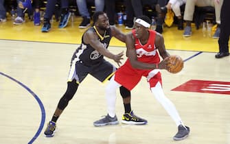 OAKLAND, CA - JUNE 7: Draymond Green #23 of the Golden State Warriors defends Pascal Siakam #43 of the Toronto Raptors during Game Four of the NBA Finals on June 7, 2019 at ORACLE Arena in Oakland, California. NOTE TO USER: User expressly acknowledges and agrees that, by downloading and/or using this photograph, user is consenting to the terms and conditions of Getty Images License Agreement. Mandatory Copyright Notice: Copyright 2019 NBAE (Photo by Joe Murphy/NBAE via Getty Images)