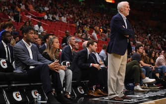 MIAMI, FLORIDA - OCTOBER 08: Gregg Popovich Head Coach of the San Antonio Spurs coaching against the Miami Heat during the second half of the preseason game at American Airlines Arena on October 08, 2019 in Miami, Florida. NOTE TO USER: User expressly acknowledges and agrees that, by downloading and or using this photograph, User is consenting to the terms and conditions of the Getty Images License Agreement. (Photo by Mark Brown/Getty Images)