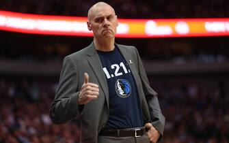 DALLAS, TEXAS - APRIL 09:  Head coach Rick Carlisle of the Dallas Mavericks gives a thumbs up during play against the Phoenix Suns in the second quarter at American Airlines Center on April 09, 2019 in Dallas, Texas.  NOTE TO USER: User expressly acknowledges and agrees that, by downloading and or using this photograph, User is consenting to the terms and conditions of the Getty Images License Agreement. (Photo by Ronald Martinez/Getty Images)