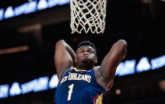 ATLANTA, GA - OCTOBER 7: Zion Williamson #1 of the New Orleans Pelicans attempts to dunk a ball during a preseason game against the Atlanta Hawks at State Farm Arena on October 7, 2019 in Atlanta, Georgia. NOTE TO USER: User expressly acknowledges and agrees that, by downloading and or using this photograph, User is consenting to the terms and conditions of the Getty Images License Agreement. (Photo by Carmen Mandato/Getty Images)