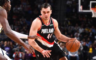 DENVER, CO - OCTOBER 17:   Mario Hezonja #44 of the Portland Trail Blazers drives to the basket against the Denver Nuggets during a pre-season game on October 18, 2019 at the Pepsi Center in Denver, Colorado. NOTE TO USER: User expressly acknowledges and agrees that, by downloading and/or using this Photograph, user is consenting to the terms and conditions of the Getty Images License Agreement. Mandatory Copyright Notice: Copyright 2019 NBAE (Photo by Garrett Ellwood/NBAE via Getty Images)