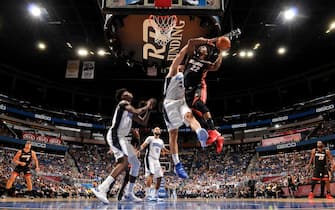 ORLANDO, FL - OCTOBER 17: Jimmy Butler #22 of the Miami Heat shoots the ball against the Orlando Magic during a pre-season game on October 17, 2019 at Amway Center in Orlando, Florida. NOTE TO USER: User expressly acknowledges and agrees that, by downloading and or using this photograph, User is consenting to the terms and conditions of the Getty Images License Agreement. Mandatory Copyright Notice: Copyright 2019 NBAE (Photo by Fernando Medina/NBAE via Getty Images)