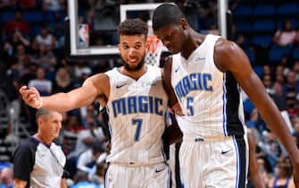 ORLANDO, FL - OCTOBER 17: Michael Carter-Williams #7, and Mo Bamba #5 of the Orlando Magic talk during a pre-season game against the Miami Heat on October 17, 2019 at Amway Center in Orlando, Florida. NOTE TO USER: User expressly acknowledges and agrees that, by downloading and or using this photograph, User is consenting to the terms and conditions of the Getty Images License Agreement. Mandatory Copyright Notice: Copyright 2019 NBAE (Photo by Fernando Medina/NBAE via Getty Images)