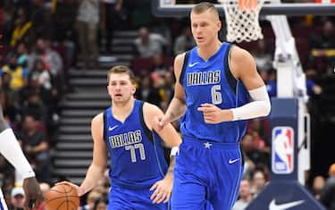 LOS ANGELES, CA - OCTOBER 17: Luka Doncic #77 of the Dallas Mavericks and Kristaps Porzingis #6 of the Dallas Mavericks run on during a pre-season game against the LA Clippers on October 17, 2019 at Rogers Arena in Vancouver, Canada. NOTE TO USER: User expressly acknowledges and agrees that, by downloading and/or using this Photograph, user is consenting to the terms and conditions of the Getty Images License Agreement. Mandatory Copyright Notice: Copyright 2019 NBAE (Photo by Andrew D. Bernstein/NBAE via Getty Images) 
