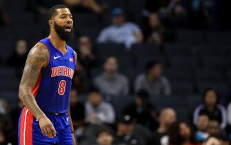 CHARLOTTE, NORTH CAROLINA - OCTOBER 16: Markieff Morris #8 of the Detroit Pistons reacts against the Charlotte Hornets during their game at Spectrum Center on October 16, 2019 in Charlotte, North Carolina. NOTE TO USER: User expressly acknowledges and agrees that, by downloading and or using this photograph, User is consenting to the terms and conditions of the Getty Images License Agreement. (Photo by Streeter Lecka/Getty Images)