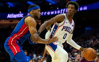 PHILADELPHIA, PA - OCTOBER 15: Josh Richardson #0 of the Philadelphia 76ers dribbles the ball against Bruce Brown #6 of the Detroit Pistons during the preseason game at the Wells Fargo Center on October 15, 2019 in Philadelphia, Pennsylvania. The 76ers defeated the Pistons 106-86. NOTE TO USER: User expressly acknowledges and agrees that, by downloading and or using this photograph, User is consenting to the terms and conditions of the Getty Images License Agreement. (Photo by Mitchell Leff/Getty Images)