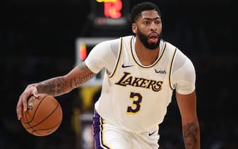LOS ANGELES, CALIFORNIA - OCTOBER 16:  Anthony Davis #3 of the Los Angeles Lakers dribbles the ball during the second half of a game against the Golden State Warriors t Staples Center on October 16, 2019 in Los Angeles, California. (Photo by Sean M. Haffey/Getty Images)
